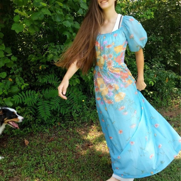Vintage Maxi Dress S Blue Floral 60s 70s Long Boho Hippie Deha of Sweden Prom - Picture 3 of 16